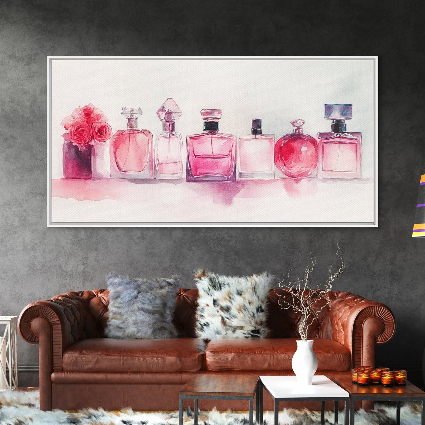 Pink Perfume Painting Framed Canvas Print, Light Pink Bedroom Art Coastal Cowgirl Wall Art, Minimalist Art Rustic Decor Gift Idea