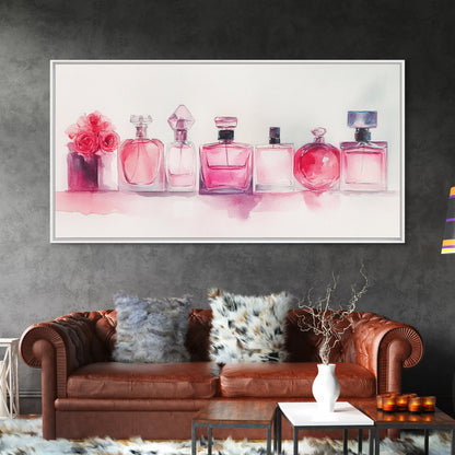Pink Perfume Painting Framed Canvas Print, Light Pink Bedroom Art Coastal Cowgirl Wall Art, Minimalist Art Rustic Decor Gift Idea