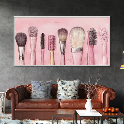 Makeup Brush Art Framed Canvas Print, Light Pink Chinoiserie Wall Art Whimsical Decor, Minimalist Art Rustic Wall Gift Idea