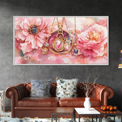 Leinwanddruck mit rosafarbenem Edelsteinschmuck, feminin-elegantes Kunstwerk, glamouröses Rosenbild, Wanddekoration fürs Wohnzimmer, einzigartiges Deko-Geschenk