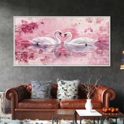 Swan Reflection Watercolor Framed Canvas Print, Romantic Wildlife Art, Cherry Blossom Wall Art, Rustic Farmhouse Decor, Bedroom Art