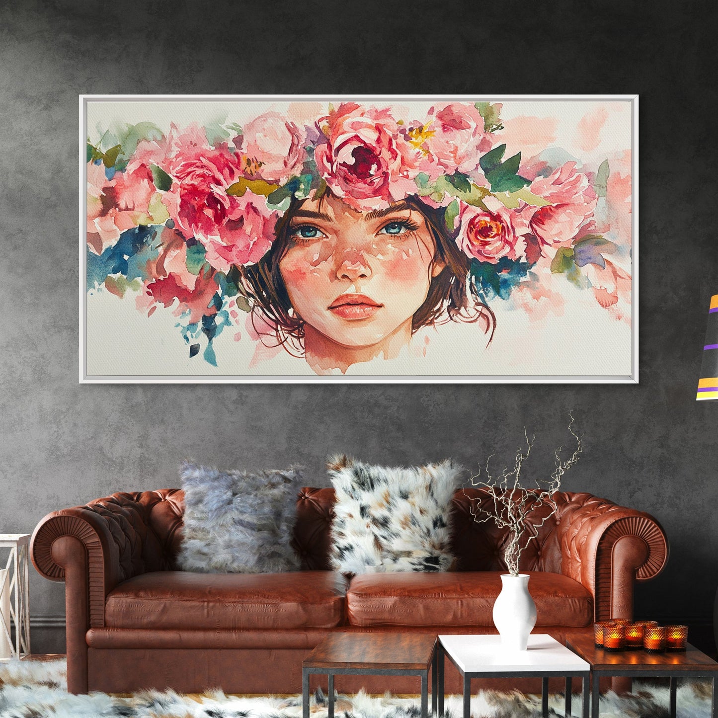 Floral Crown Canvas Print | Goddess Art Print | Pink Abstract Art | Romantic Woman Art | Boho Bedroom Decor Framed Canvas Print