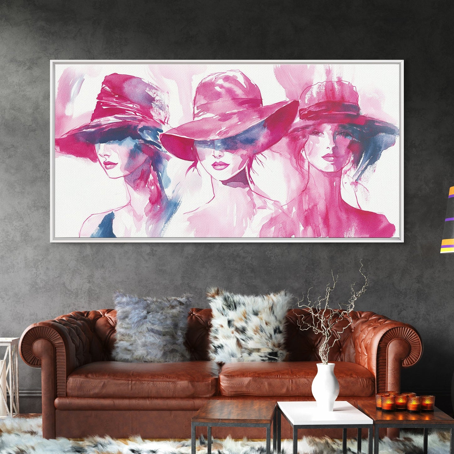 Elegant Hat Ladies Canvas Print, Feminine Pink Abstract Art with Fashion Illustration, Unique Gift Idea for Her Wall Decor