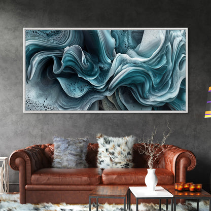 Blue Textured Wave Art Framed Canvas Print, Geometric Wall Art, Abstract Coastal Art, Sage Green Wall Art, Bedroom Art, Vertical Wall Art