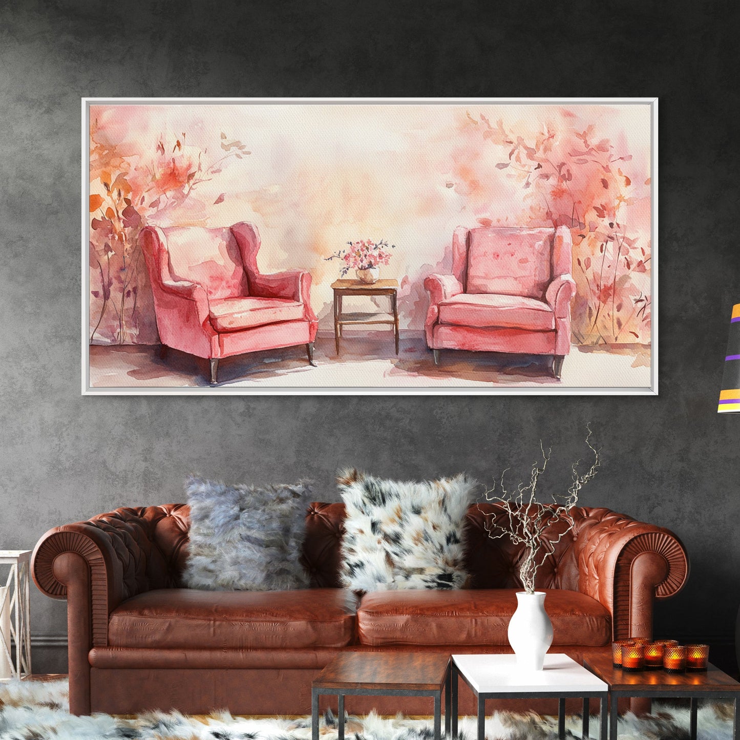 Cozy Pink Living Room Canvas Print with Chairs and Floral Decor, Perfect Rustic Wall Art for Fall or Above Couch Decor, Farmhouse Style