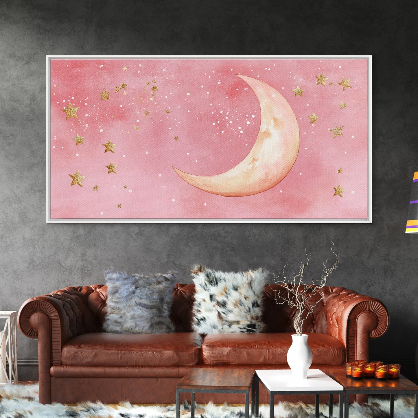 Golden Crescent Moon Canvas Print, Light Pink Wall Art, Whimsical Celestial Art, Bedroom or Dorm Decor, Christmas Gift Idea