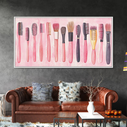 Hairbrush Collection Canvas Print Whimsical Art Pink Wall Art Fun Boho Aesthetic Bathroom Decor Vertical Art Unique Gift Idea