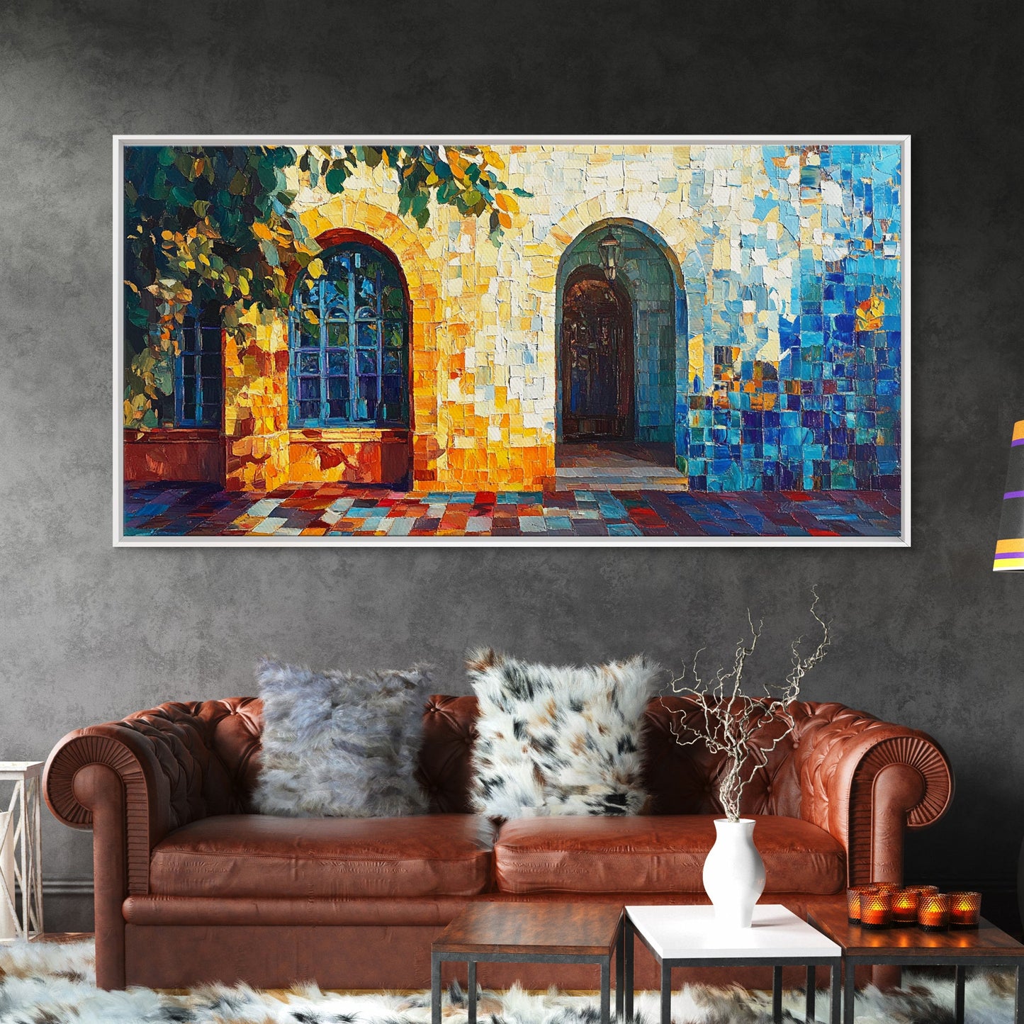 Sunlit Arched Window Framed Canvas Print - Rustic Moroccan Wall Art - Coastal Landscape Art - Farmhouse Decor Bedroom Art