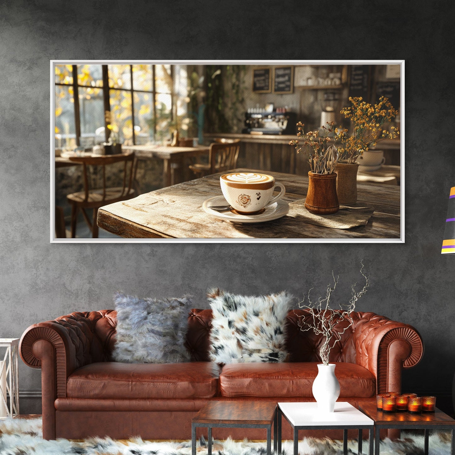 Cozy Cafe Latte Framed Canvas Print - Coffee Wall Art Kitchen Decor - Rustic Farmhouse Style Food Review Art - Gift Idea Her