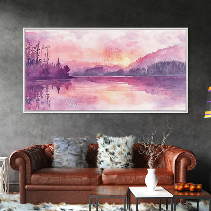 Sunset Landscape Art Framed Canvas Print Pink Orange Wall Art Living Room Art Panoramic Painting Above Couch Art Coastal Decor