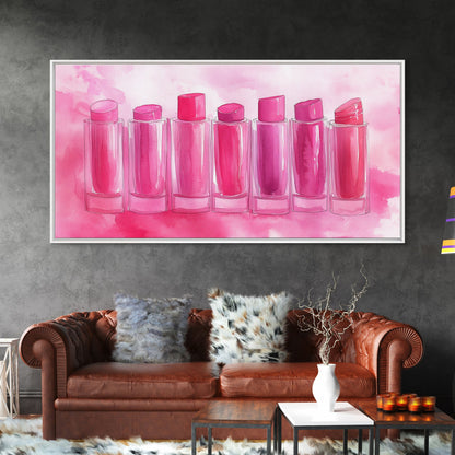 Leinwanddruck „Lippenstiftreihe“ | Rosa Wandbild, verspielte Deko, hellrosa Kunst, feminine Geschenkidee, Wohnzimmerdeko, Deko über dem Sofa