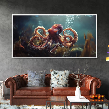 Vibrant Octopus Art Framed Canvas Print, Ocean Wildlife Wall Decor, Rustic Nautical Art, Marine Life Painting, Underwater Sea Art
