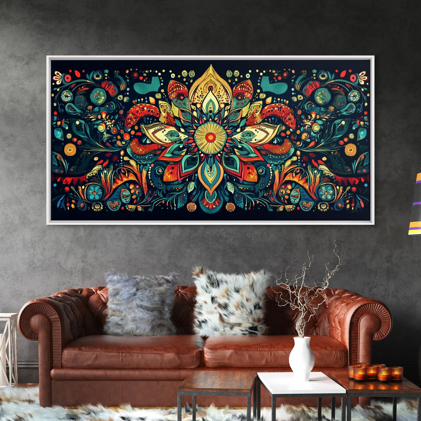 Elaborate Mandala Framed Canvas Print, Vibrant Boho Art, Spiritual Zen Wall Art, Geometric Ethereal Painting, Colorful Sacred Geometry