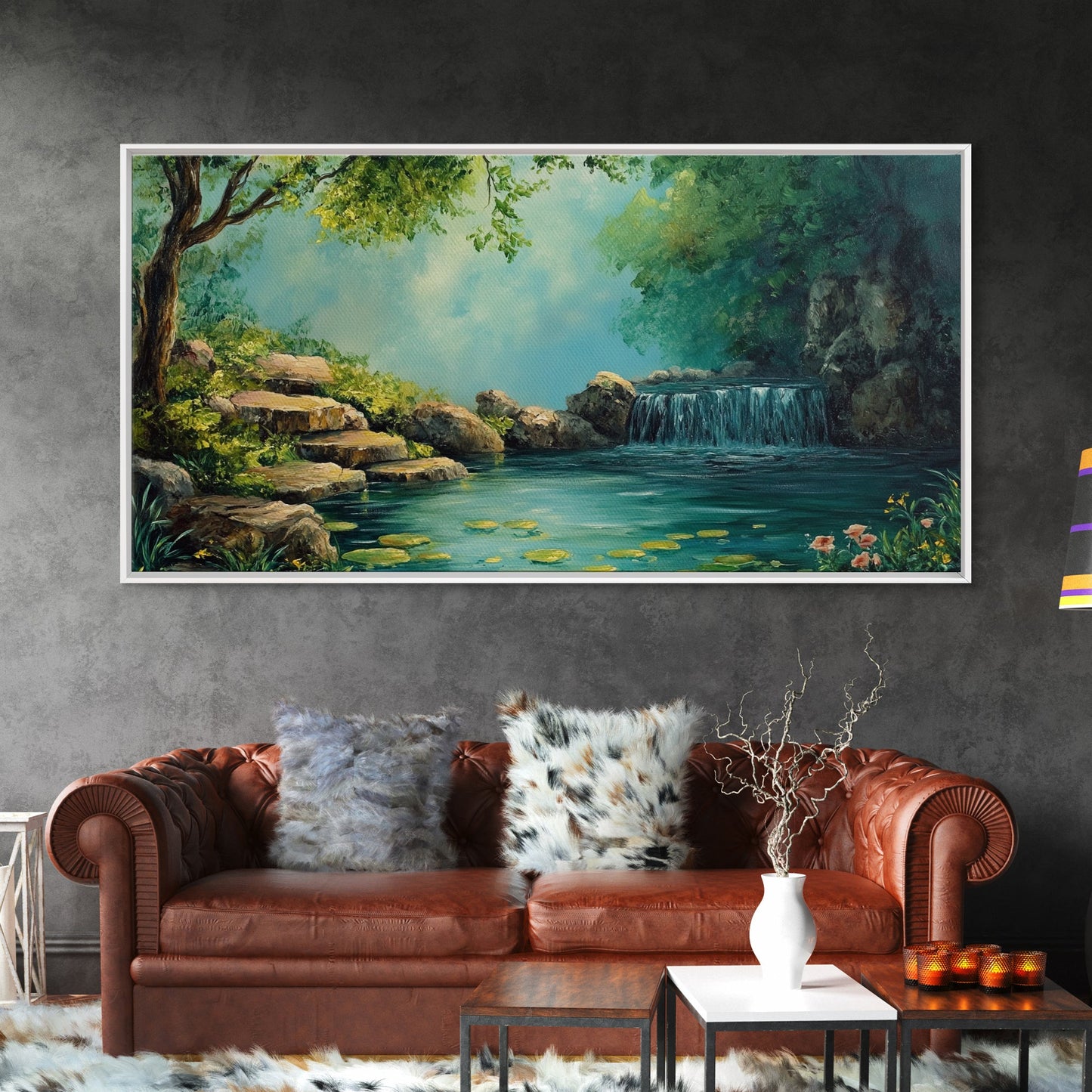 Ruhiges Wasserfall-Landschaftsbild, gerahmter Leinwanddruck, rustikale Wohnzimmerdekoration, friedliche Naturszene, Wandbild im Landhausstil