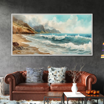 Coastal Landscape Canvas Print with Ocean Waves and Misty Cliffs, Nautical Wall Art Gift Idea, Coastal Decor Beach Painting