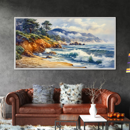 Framed Canvas Print of Scenic Coastal Cliffs and Ocean Waves, Nautical Landscape Art Gift, Rustic Coastal Home Decor