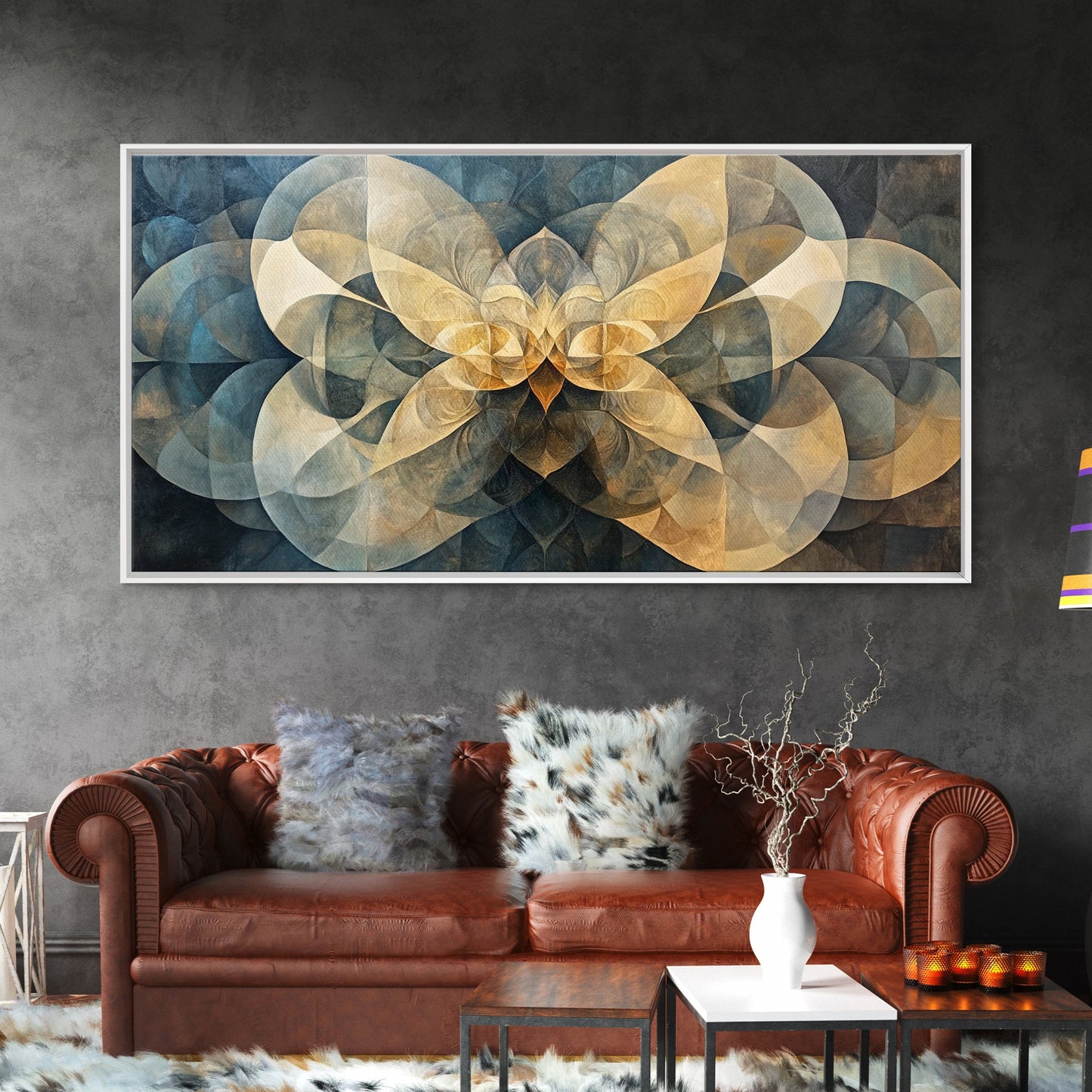 Symmetrical Abstract Framed Canvas Print, Geometric Wall Art Wabi Sabi Decor, Moody Minimalist Artwork Idea Bedroom Horizontal Design