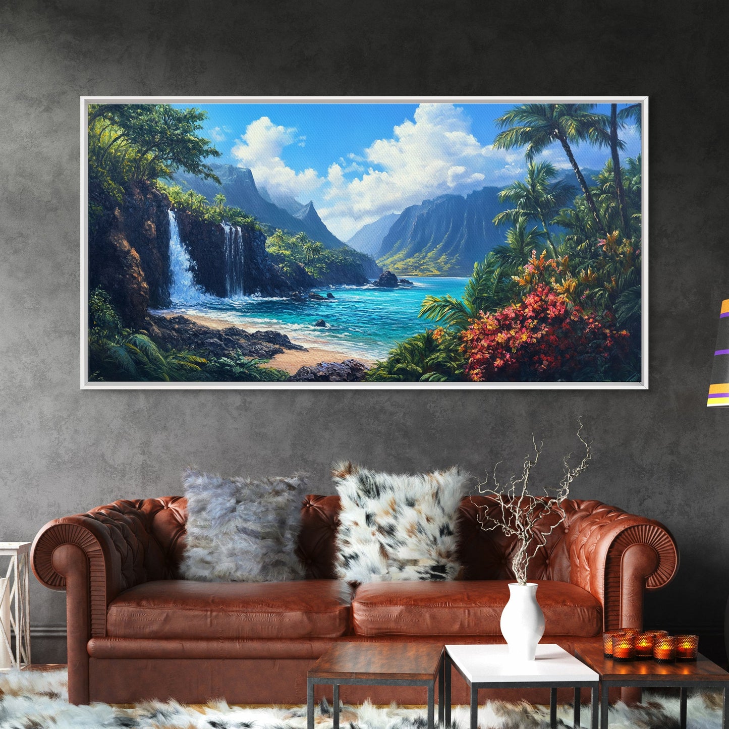 Waterfall Paradise Canvas Print Hawaii Art Coastal Wall Art Above Sofa Decor Rustic Landscape Painting Living Room Art Gift Idea