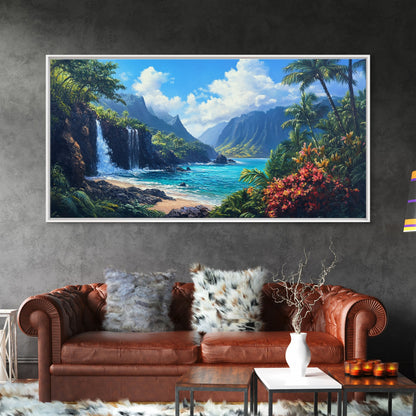 Waterfall Paradise Canvas Print Hawaii Art Coastal Wall Art Above Sofa Decor Rustic Landscape Painting Living Room Art Gift Idea