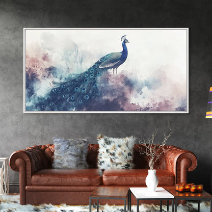 Watercolor Peacock Art Canvas Print, Moody Wildlife Wall Decor, Above Couch Living Room Art, Unique Nature Gift Idea Him Her