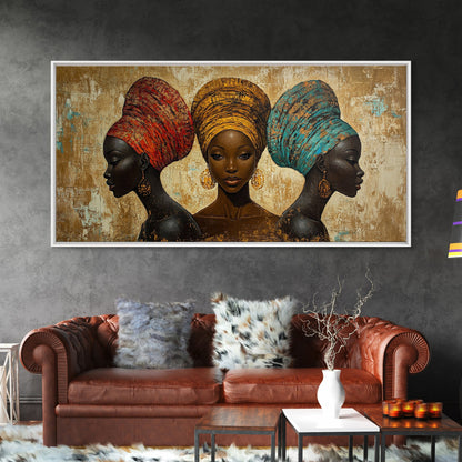 Elegantes Leinwandbild mit afrikanischen Frauen, ausdrucksstarke afrozentrische Wanddekoration, stimmungsvolles abstraktes Gemälde, einzigartige Geschenkidee fürs Schlafzimmer