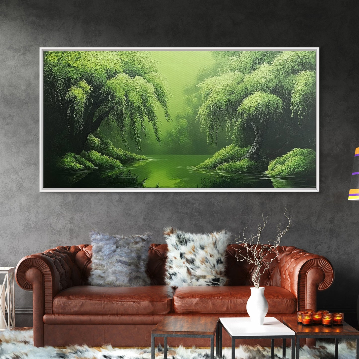 Willow Grove Framed Canvas Print, Tranquil Forest Landscape Wall Art, Sage Green Rustic Home Decor, Above Bed Nature Canvas Art