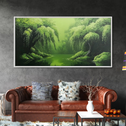 Willow Grove Framed Canvas Print, Tranquil Forest Landscape Wall Art, Sage Green Rustic Home Decor, Above Bed Nature Canvas Art