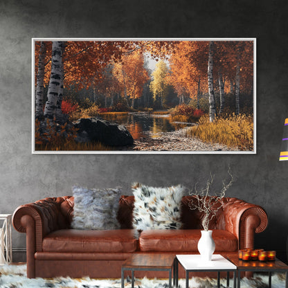 Autumn Birch Tranquility Framed Canvas Print with Birch Tree Painting and Fall Wall Art Rustic Art for Living Room Wall Decor