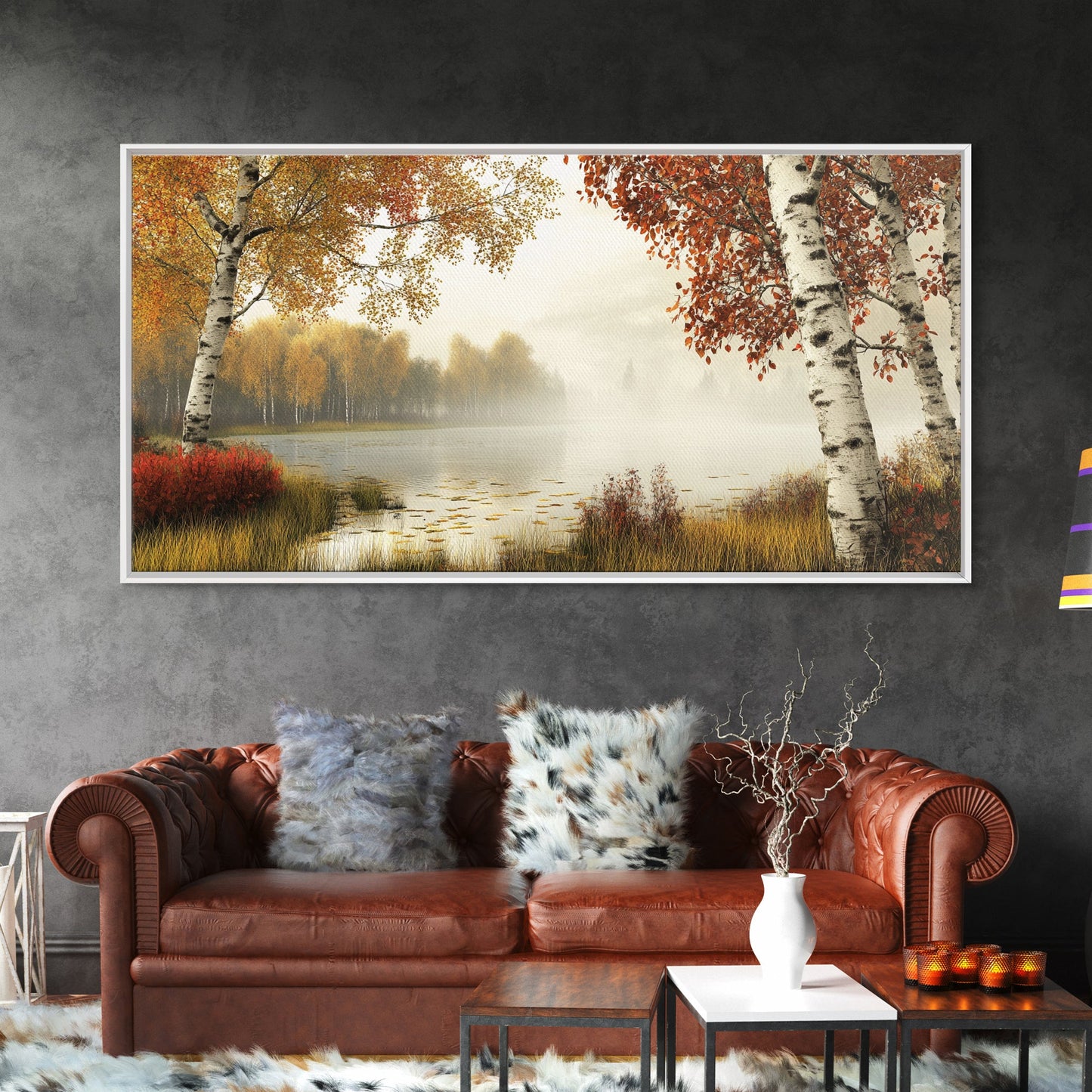 Golden Autumn Mist Canvas Print Featuring Birch Tree Painting and Moody Art Rustic Wall Art Above Sofa Art for Living Room