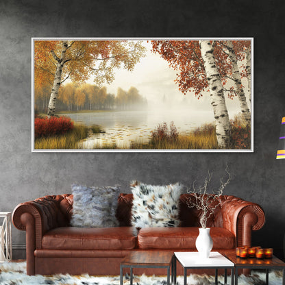 Golden Autumn Mist Canvas Print Featuring Birch Tree Painting and Moody Art Rustic Wall Art Above Sofa Art for Living Room