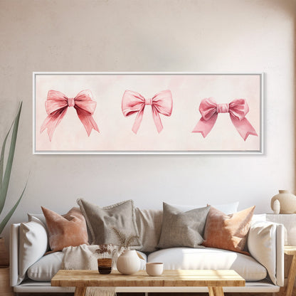 Light Pink Wall Art Canvas Print with Bows Decor, Minimalist Painting, Bedroom Art, Horizontal Abstract Artwork for Living Room