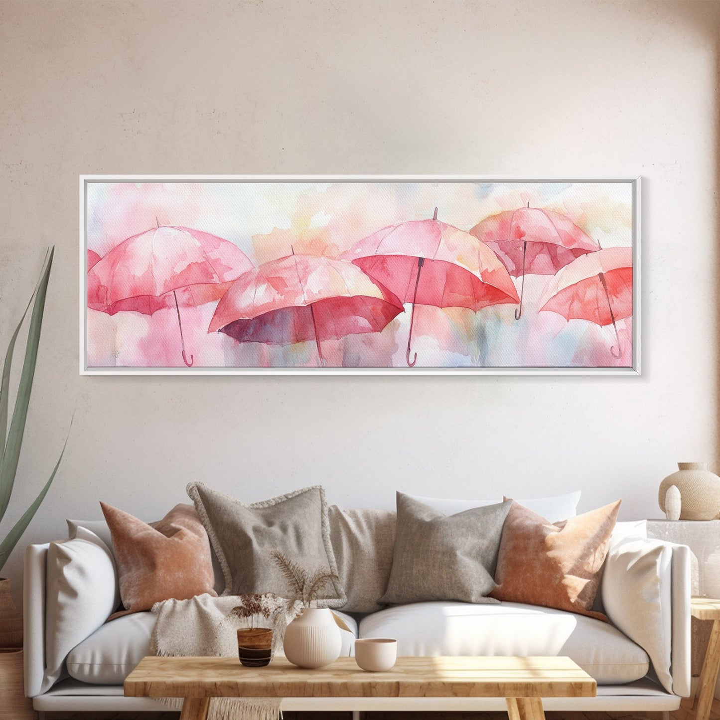 Umbrella Canvas Print Featuring Light Pink Abstract Art, Boho Minimalist Decor, Romantic Living Room or Guest Room Coastal Wall Art