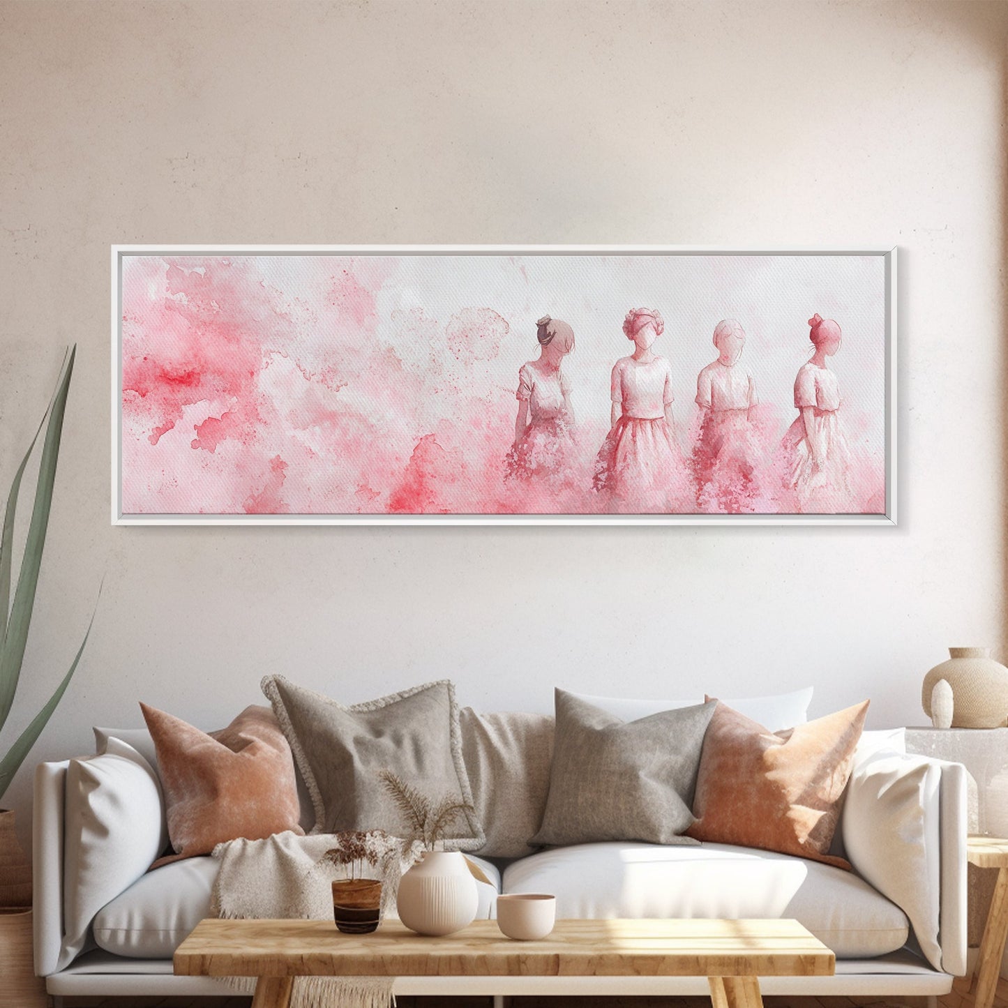 Four Women Canvas Print in Pink Abstract Art Style, Feminine Whimsical Aesthetic, Minimalist Living Room or Guest Room Horizontal Art