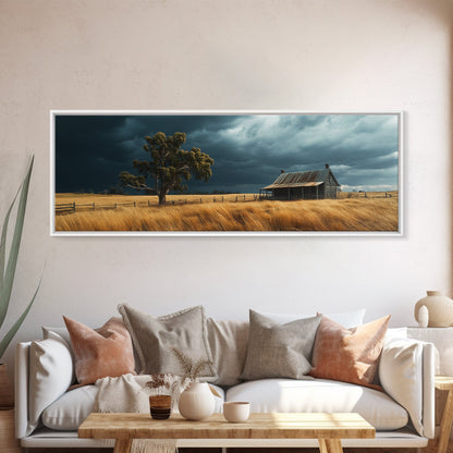 Stormy Farmhouse Canvas Print Rustic Landscape Painting Smoky Mountain Art Horizontal Panoramic Wall Living Room Autumn Decor