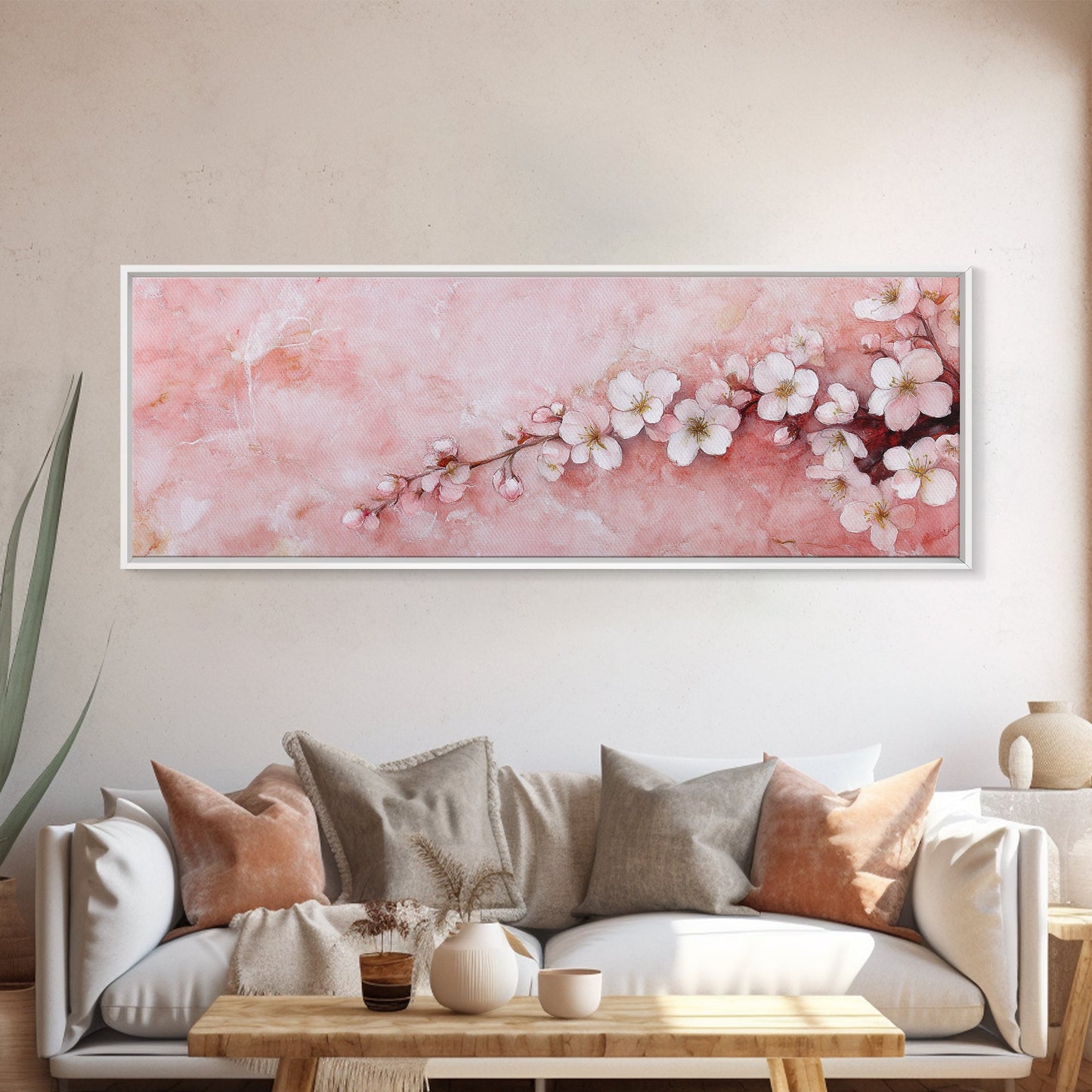 Cherry Blossom Branch Canvas Print, Light Pink Wall Art, Botanical Art, Bedroom Decor, Spring Floral Art, Rustic Wall Art