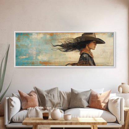 Cowgirl Canvas Print Southwest Wall Art Minimalist Boho Art Afrocentric Painting Extra Wide Horizontal Artwork Decor
