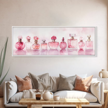 Framed Canvas Print Perfume Bottle Art Pink Abstract Art Feminine Decor Gift Idea Minimalist Living Room Wall Art Horizontal Painting