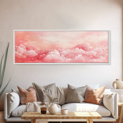 Pink Cloudscape Framed Canvas Print Light Pink Wall Art Above Sofa Horizontal Art Moody Sky Coastal Decor Gift Idea For Her Bedroom Art