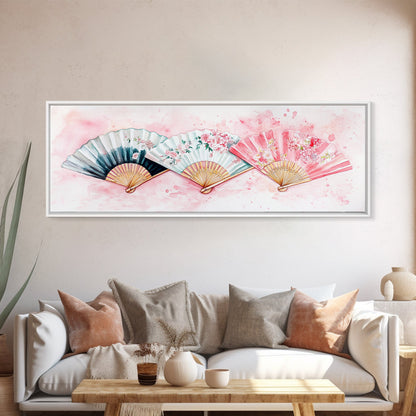 Floral Hand Fan Art Framed Canvas Print Chinoiserie Pink Wall Art Botanical Prints Horizontal Bedroom Living Room Décor Gift Idea