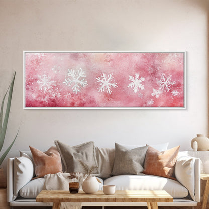 Framed Canvas Print of Snowflakes on Pink Background Featuring Cozy Winter Wall Art or Light Holiday Bedroom Seasonal Decor