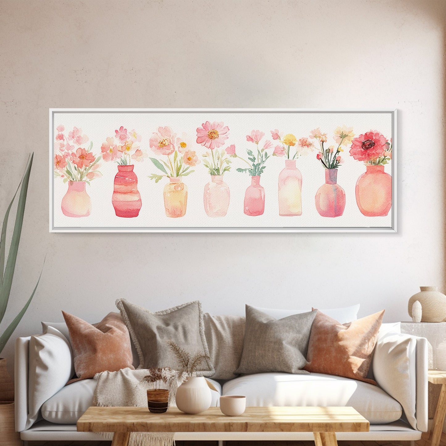 Wildflower Botanical Prints Framed Canvas Print Light Pink Wall Art Living Room Decor Horizontal Rustic Floral Painting