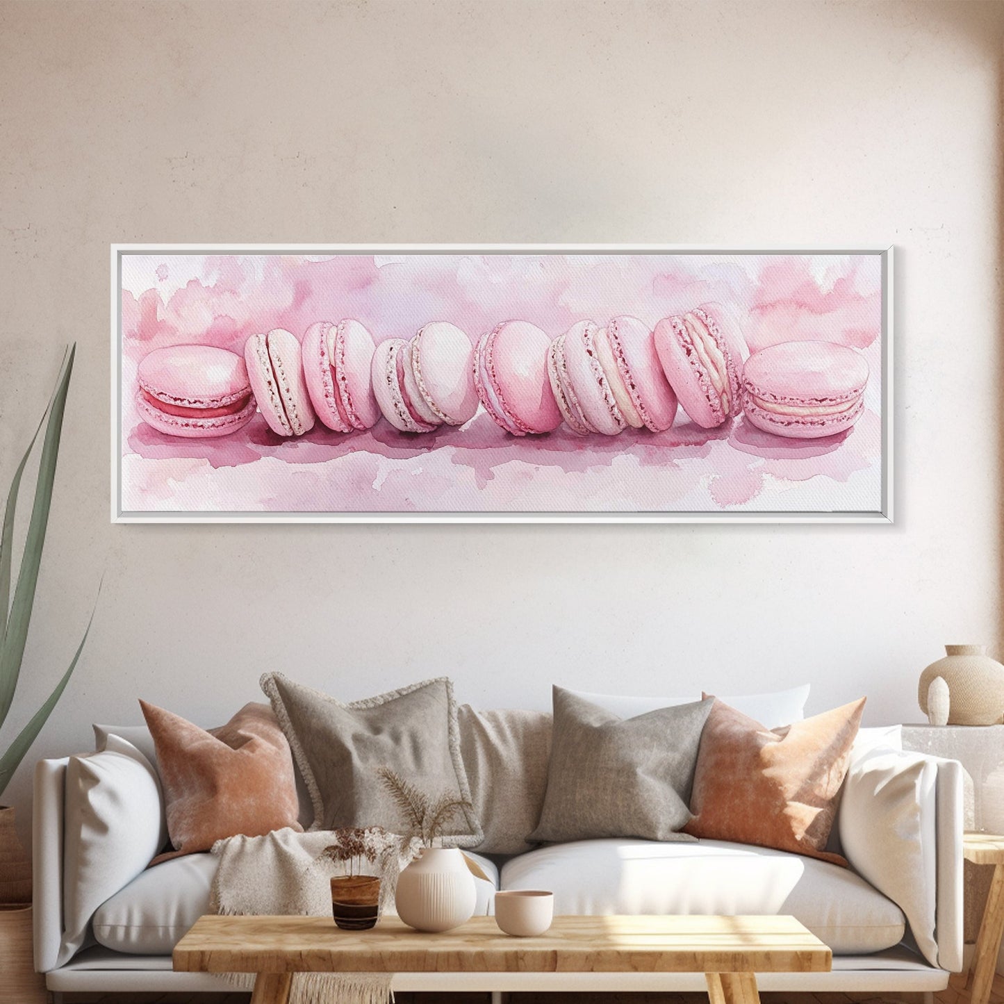 Whimsical Macarons Pink Wall Art Framed Canvas Print Extra Wide Horizontal Dessert Painting Food Review Kitchen Art