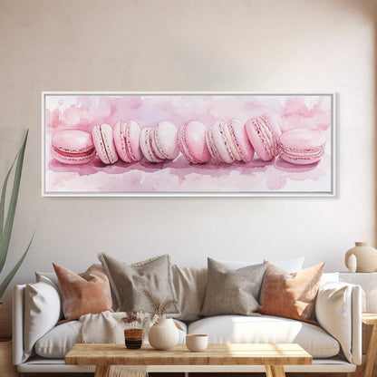 Whimsical Macarons Pink Wall Art Framed Canvas Print Extra Wide Horizontal Dessert Painting Food Review Kitchen Art