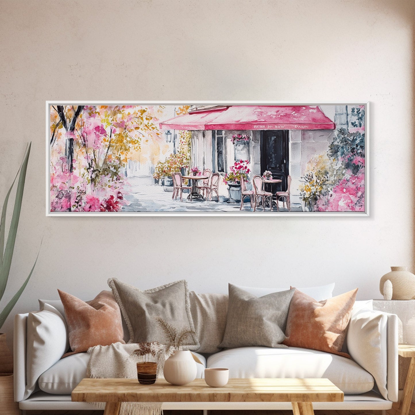 Parisian Cafe Cherry Blossom Painting Framed Canvas Print Extra Wide Art Horizontal Wall Art Rustic Above Sofa Decor
