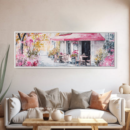 Parisian Cafe Cherry Blossom Painting Framed Canvas Print Extra Wide Art Horizontal Wall Art Rustic Above Sofa Decor