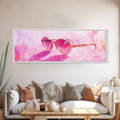 Retro Sunglasses Pink Wall Art Framed Canvas Print Light Pink Horizontal Wall Art Rustic Decor Fashion Illustration Art
