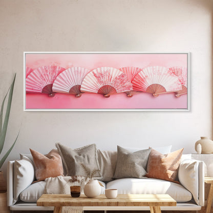 Elegant Fans Canvas Print with Cherry Blossom Art, Pink Wall Art, Whimsical Art for Living Room or Bedroom, Light Pink Decor Idea