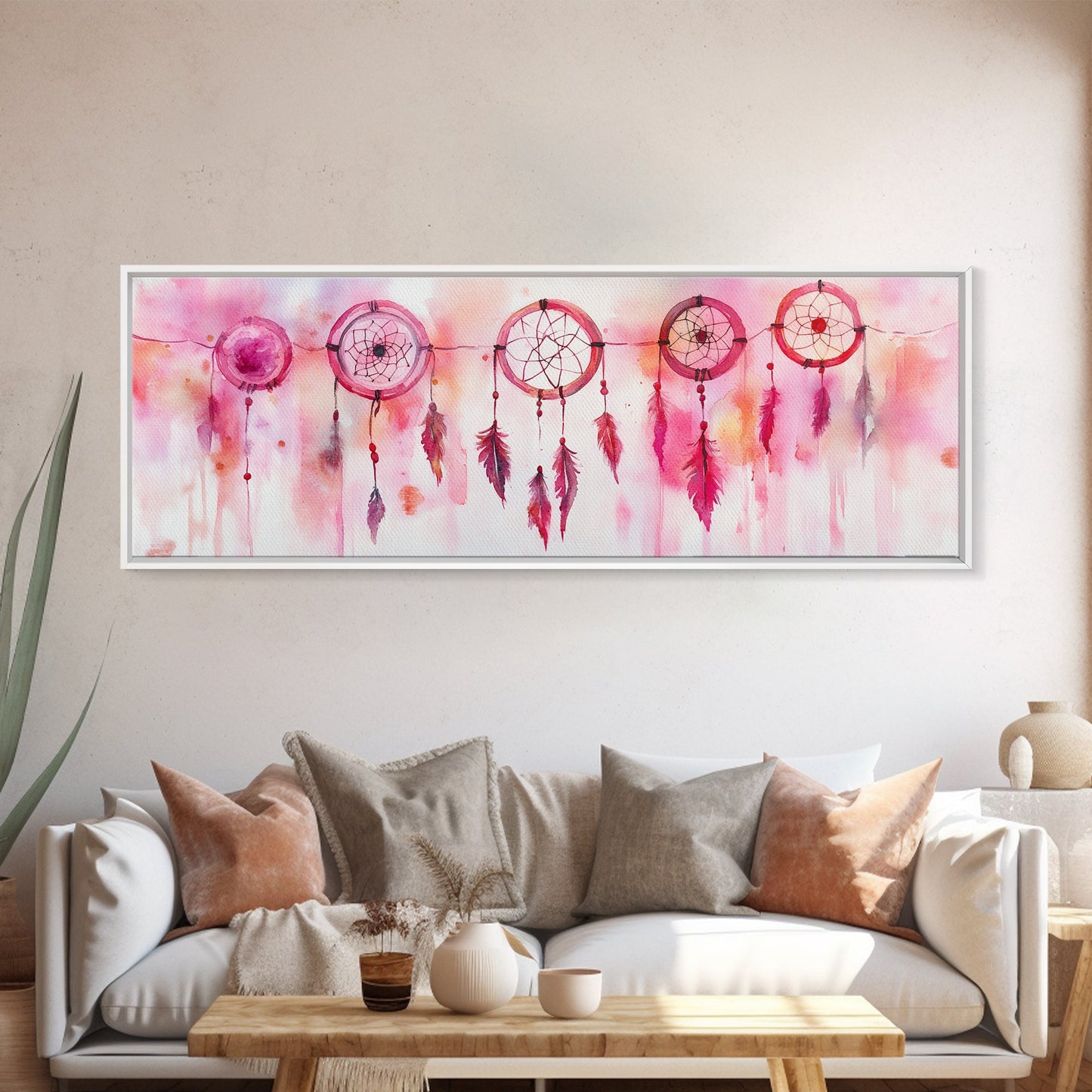 Dreamcatcher Canvas Print, Pink Orange Wall Art with Whimsical Artistic Feathers, Boho Art Idea for Living Room or Above Couch