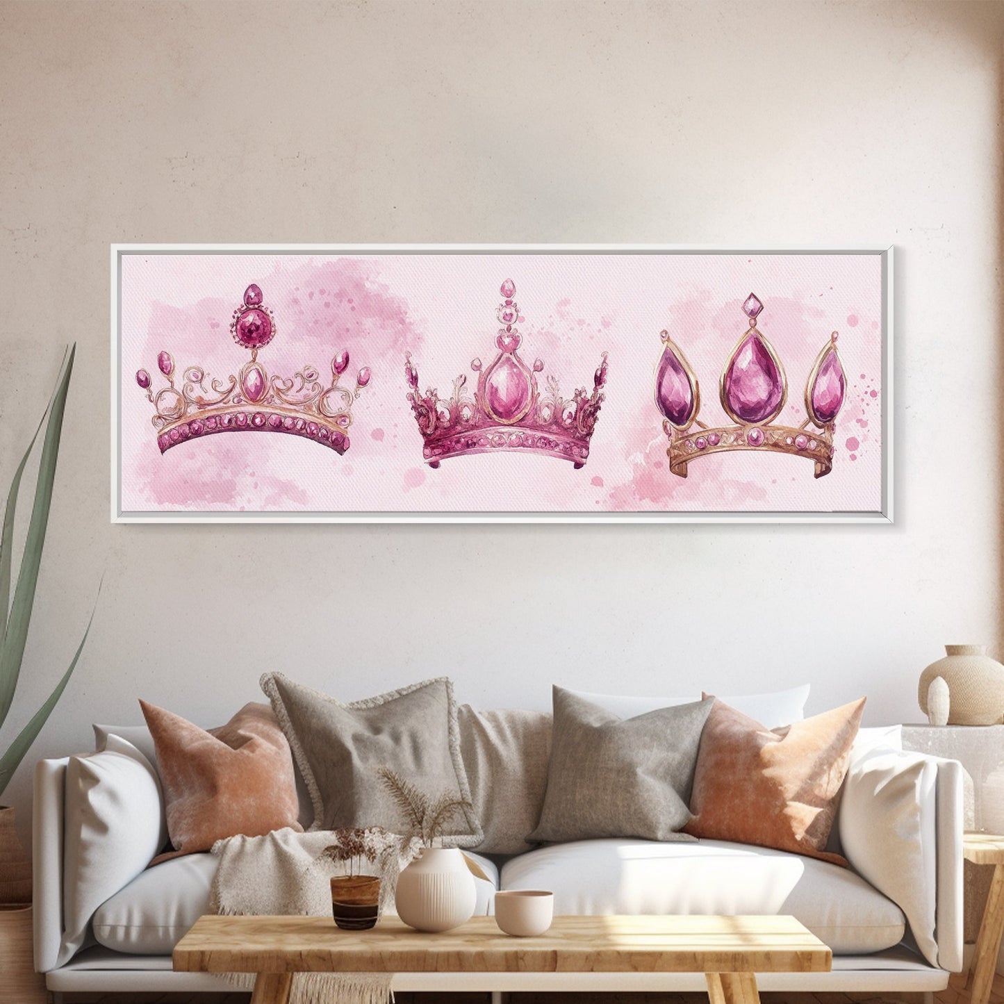 Pink Regal Crowns Canvas Print Gemstone Painting Royal Artwork Pink Abstract Art Above Bed Wall Art Feminine Glam Room Decor Gift