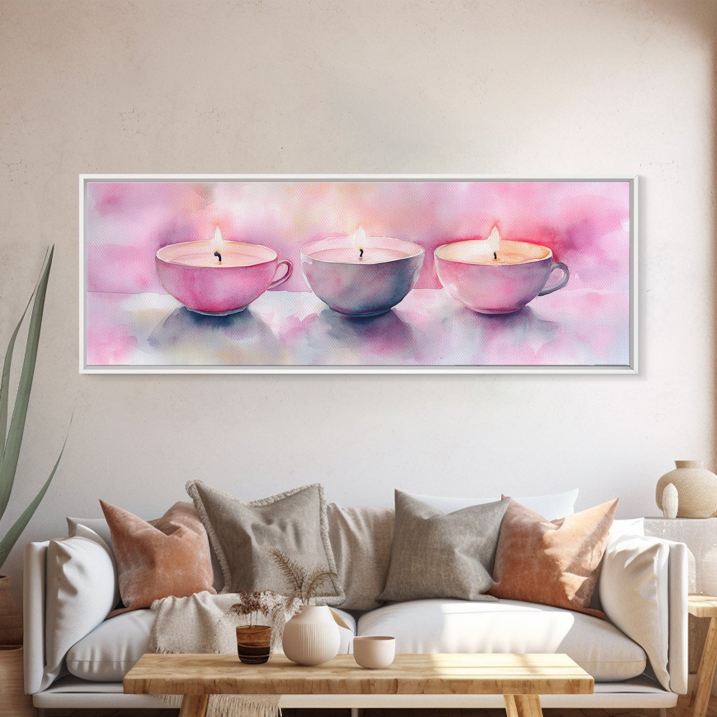 Candlelight Framed Canvas Print, Cozy Pastel Teacup Candles Art, Light Pink Wall Decor, Bedroom or Dining Room Whimsical Artwork